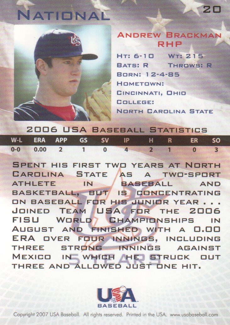 2006-07 USA Baseball #20 Andrew Brackman back image