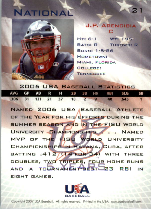 2006-07 USA Baseball #21 J.P. Arencibia back image