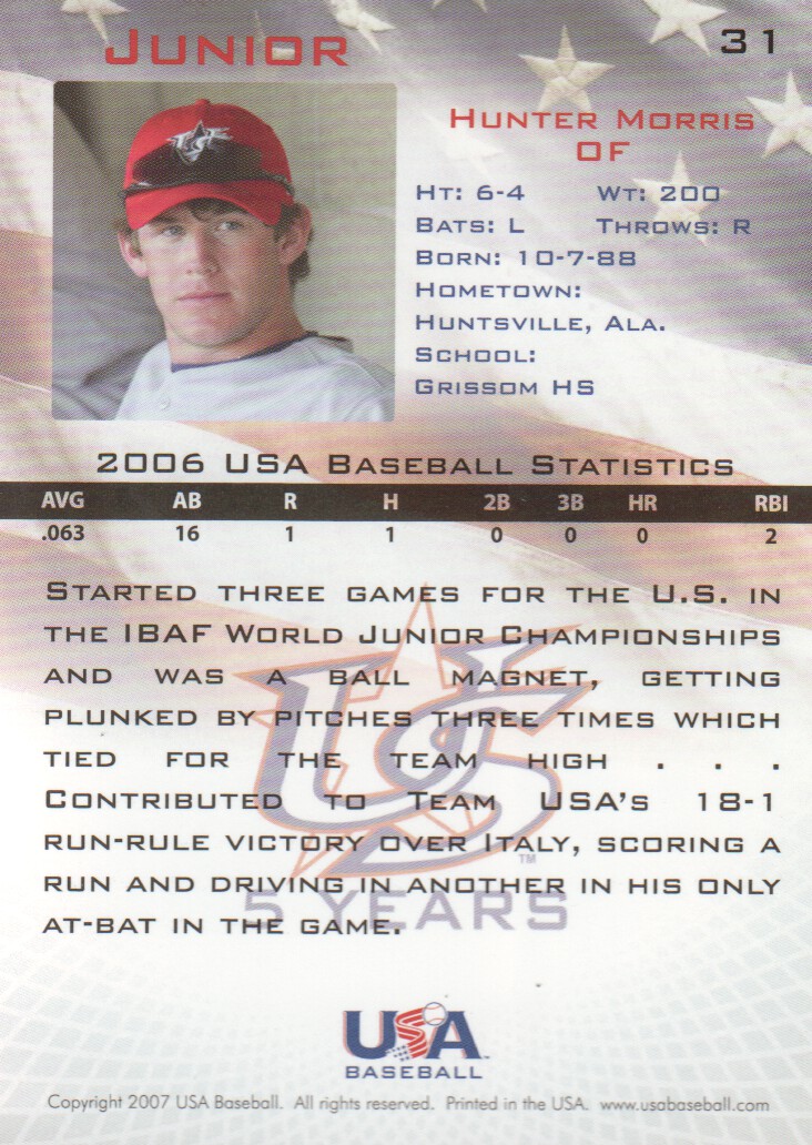 2006-07 USA Baseball #31 Hunter Morris back image