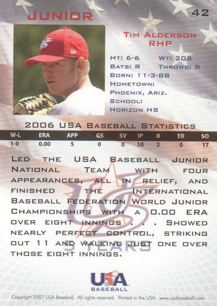2006-07 USA Baseball #42 Tim Alderson back image