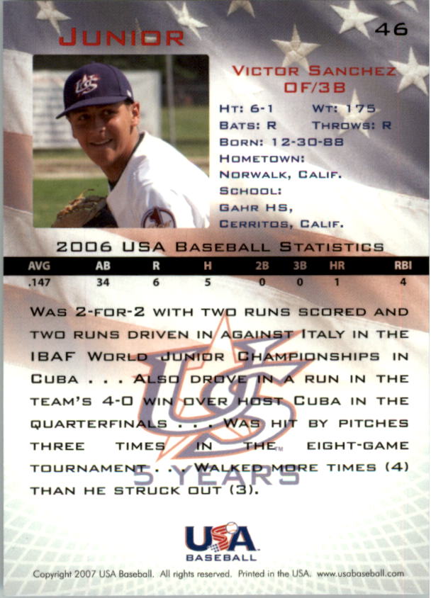 2006-07 USA Baseball #46 Victor Sanchez back image