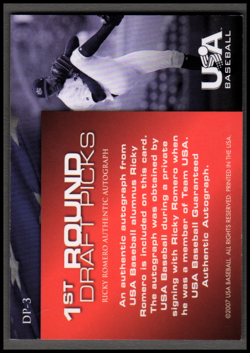 2006-07 USA Baseball 1st Round Draft Pick Signatures Black #3 Ricky Romero/200 * back image