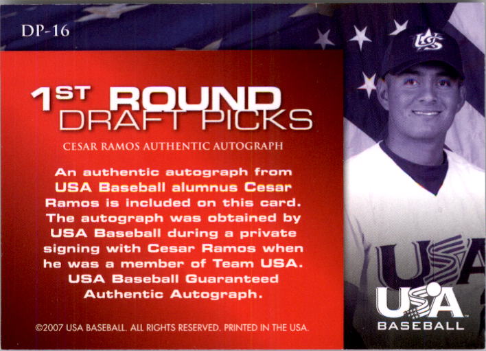 2006-07 USA Baseball 1st Round Draft Pick Signatures Black #16 Cesar Ramos/200 * back image