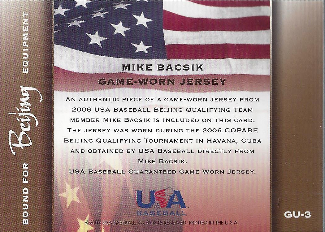2006-07 USA Baseball Bound for Beijing Materials #3 Mike Bacsik Jsy back image