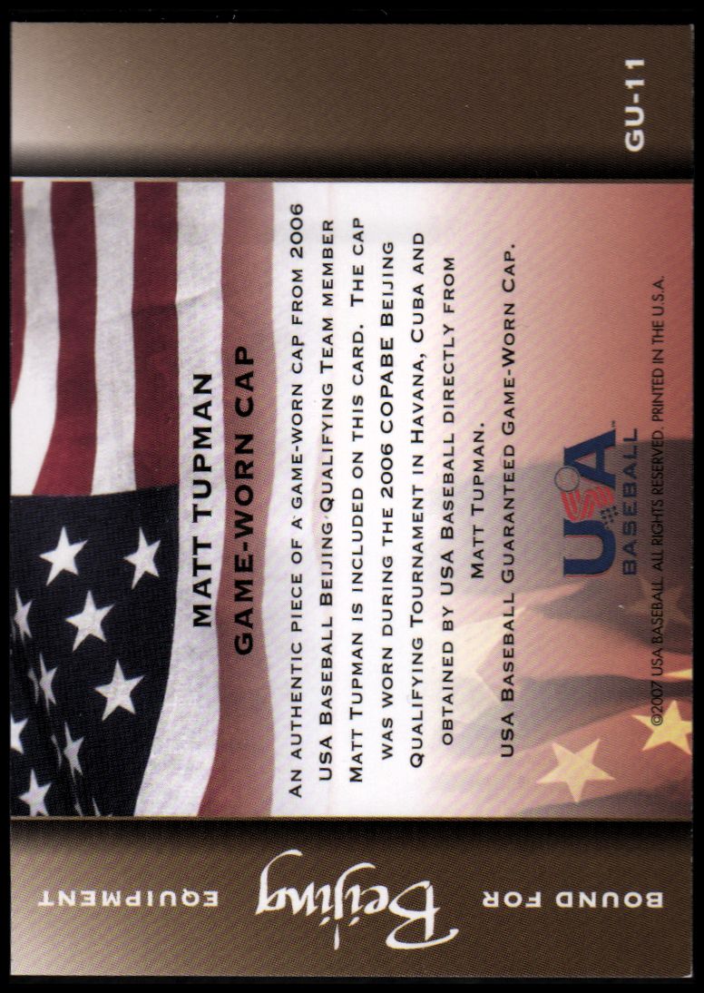 2006-07 USA Baseball Bound for Beijing Materials #11 Matt Tupman Hat SP back image