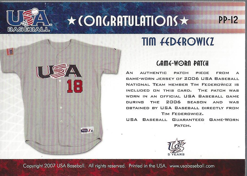 2006-07 USA Baseball Patriotic Patches #12 Tim Federowicz back image