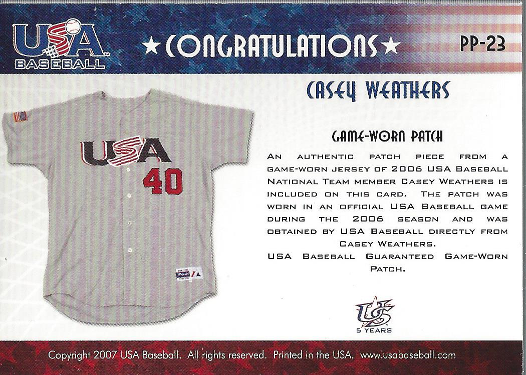 2006-07 USA Baseball Patriotic Patches #23 Casey Weathers back image