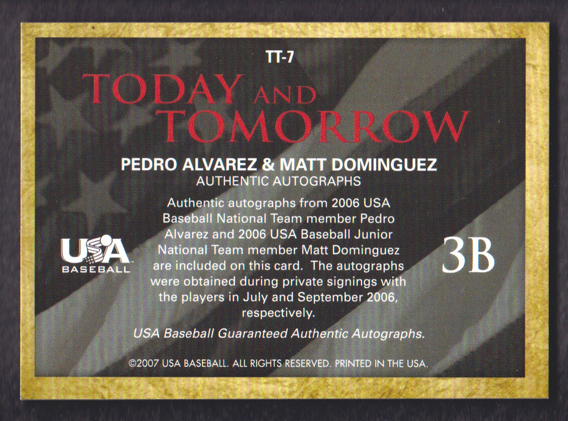 2006-07 USA Baseball Today and Tomorrow Signatures Blue #7 Pedro Alvarez/Matt Dominguez back image