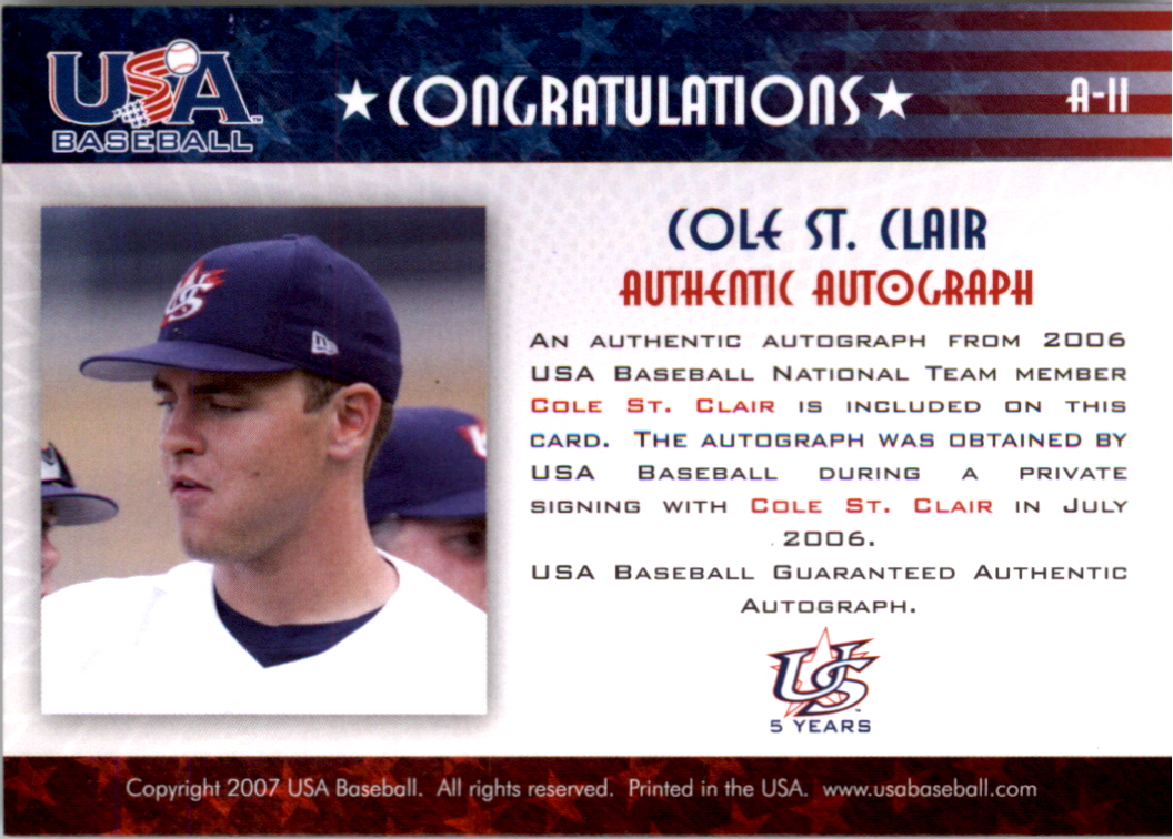 2006-07 USA Baseball Signatures Black #11 Cole St. Clair back image