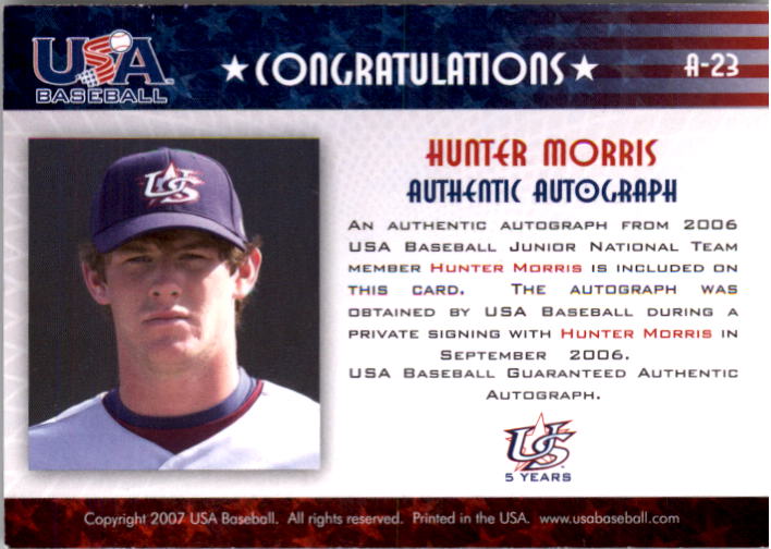 2006-07 USA Baseball Signatures Black #23 Hunter Morris back image