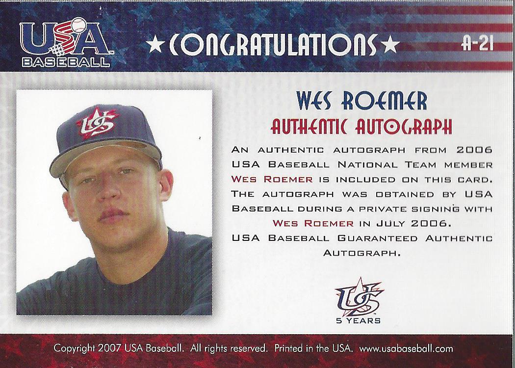 2006-07 USA Baseball Signatures Red #21 Wes Roemer back image