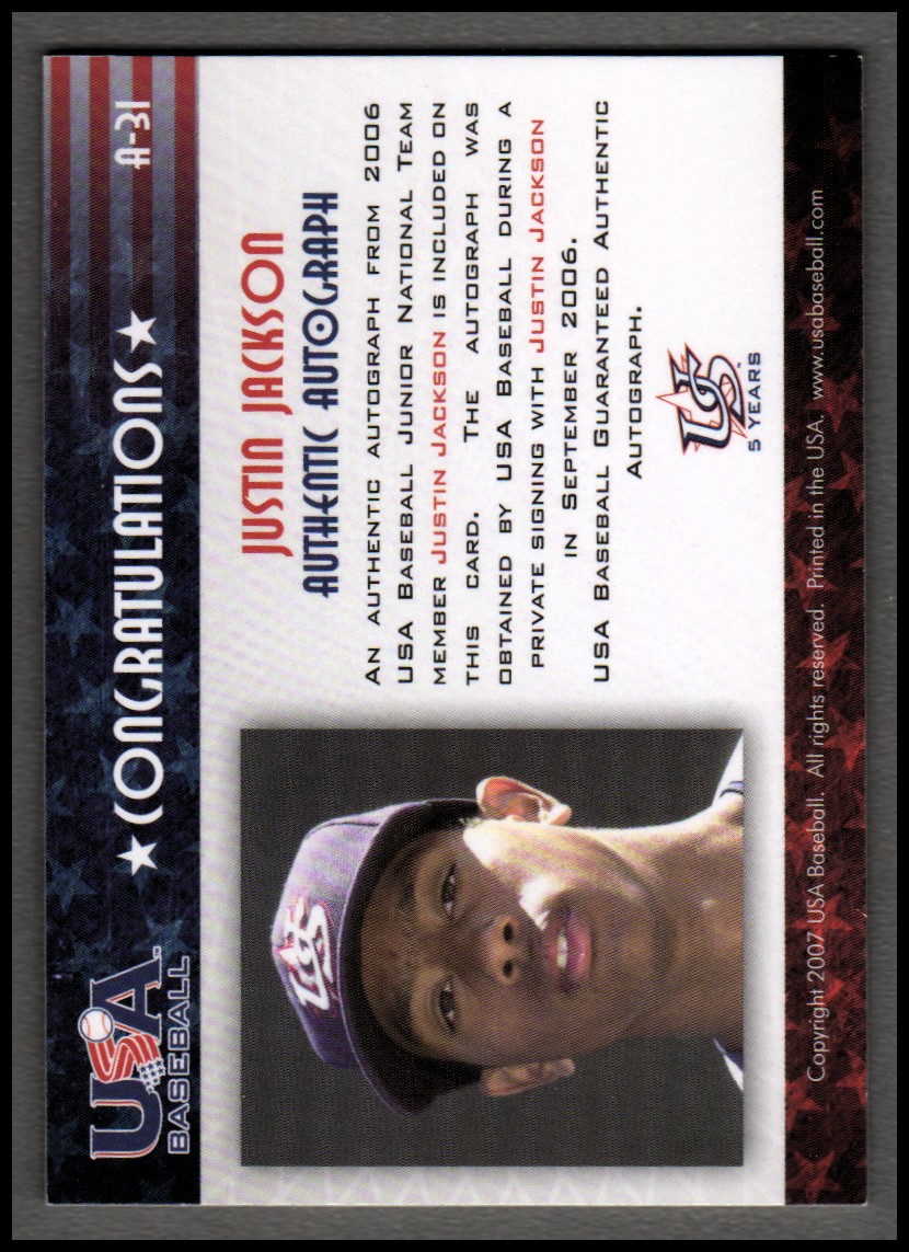 2006-07 USA Baseball Signatures Red #31 Justin Jackson back image