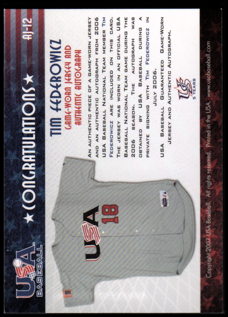2006-07 USA Baseball Signatures Jersey Black #12 Tim Federowicz back image