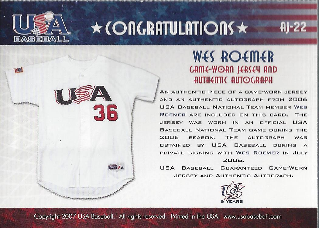 2006-07 USA Baseball Signatures Jersey Black #22 Wes Roemer back image