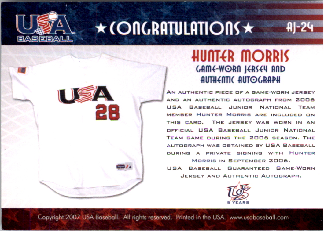 2006-07 USA Baseball Signatures Jersey Black #24 Hunter Morris back image