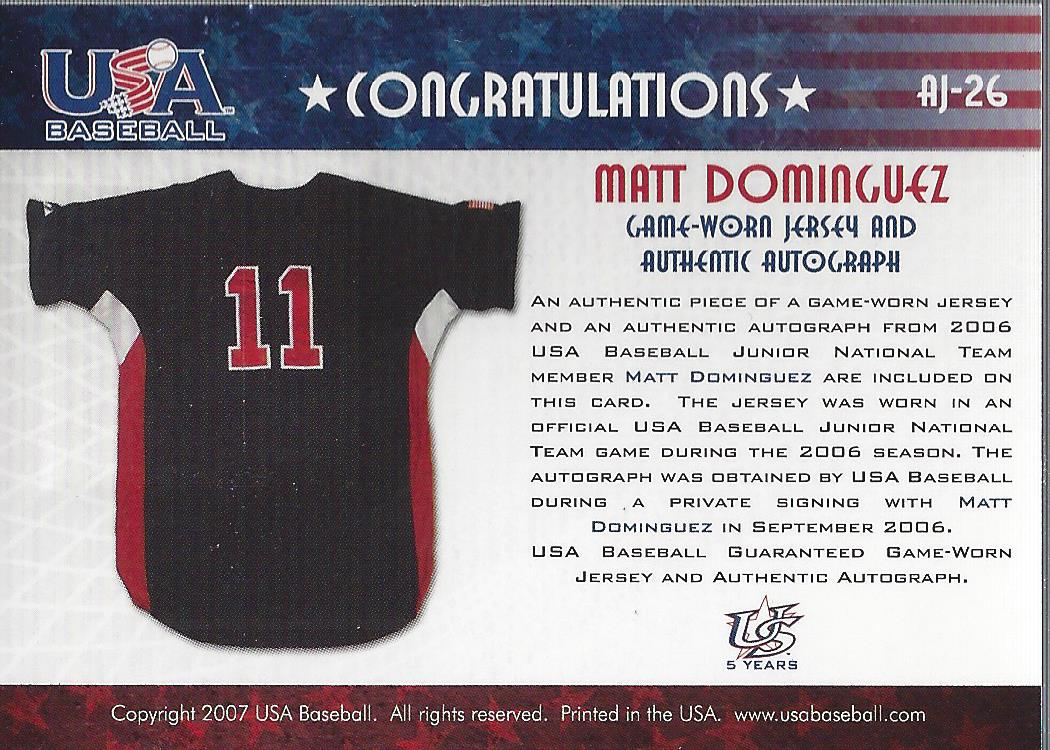 2006-07 USA Baseball Signatures Jersey Black #26 Matt Dominguez back image