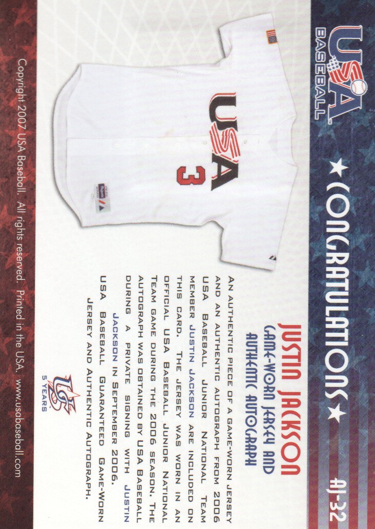 2006-07 USA Baseball Signatures Jersey Black #32 Justin Jackson back image
