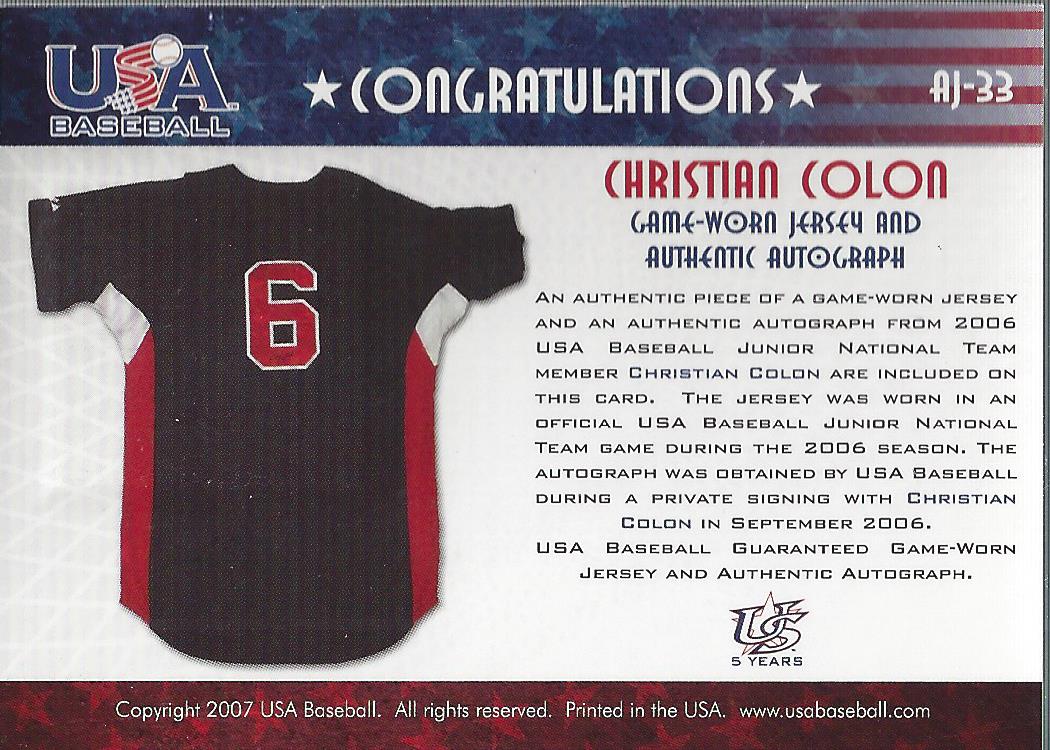 2006-07 USA Baseball Signatures Jersey Black #33 Christian Colon back image