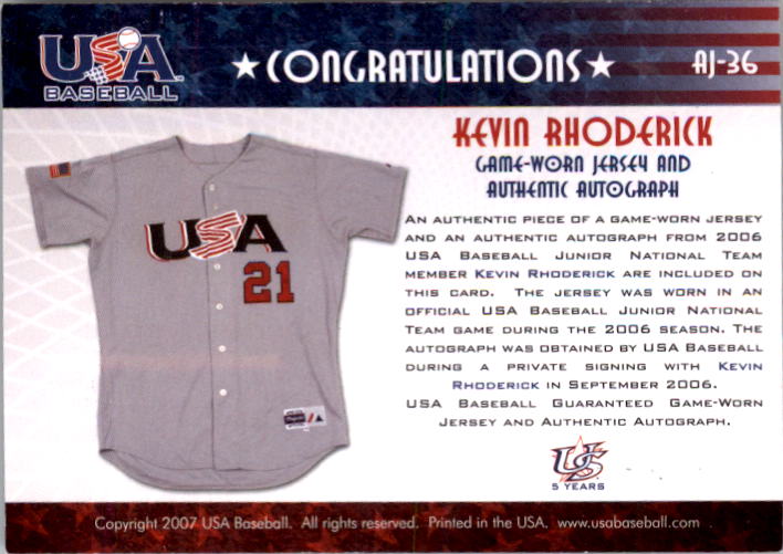 2006-07 USA Baseball Signatures Jersey Black #36 Kevin Rhoderick back image
