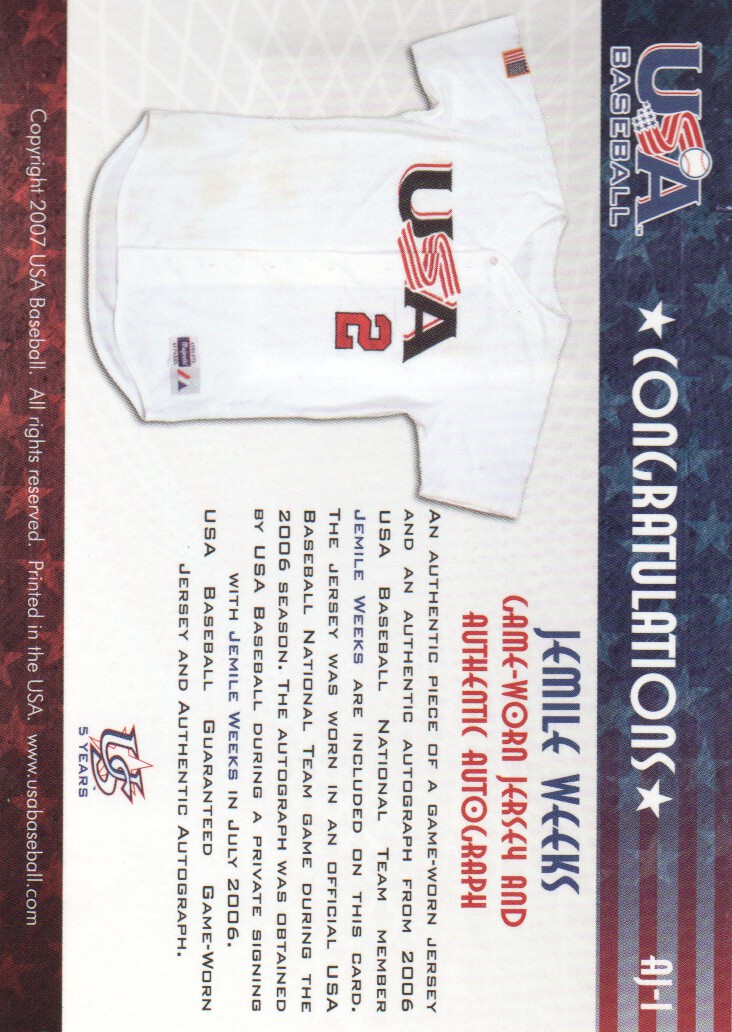 2006-07 USA Baseball Signatures Jersey Blue #1 Jemile Weeks back image