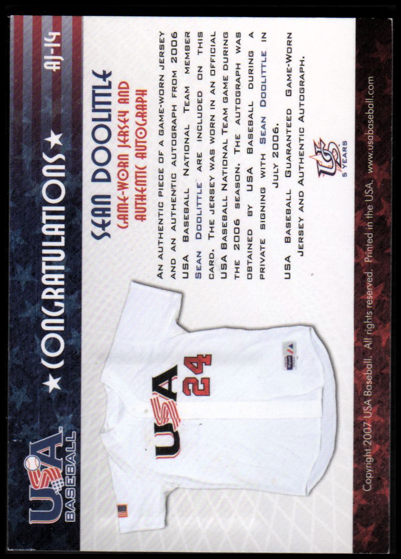 2006-07 USA Baseball Signatures Jersey Blue #14 Sean Doolittle back image