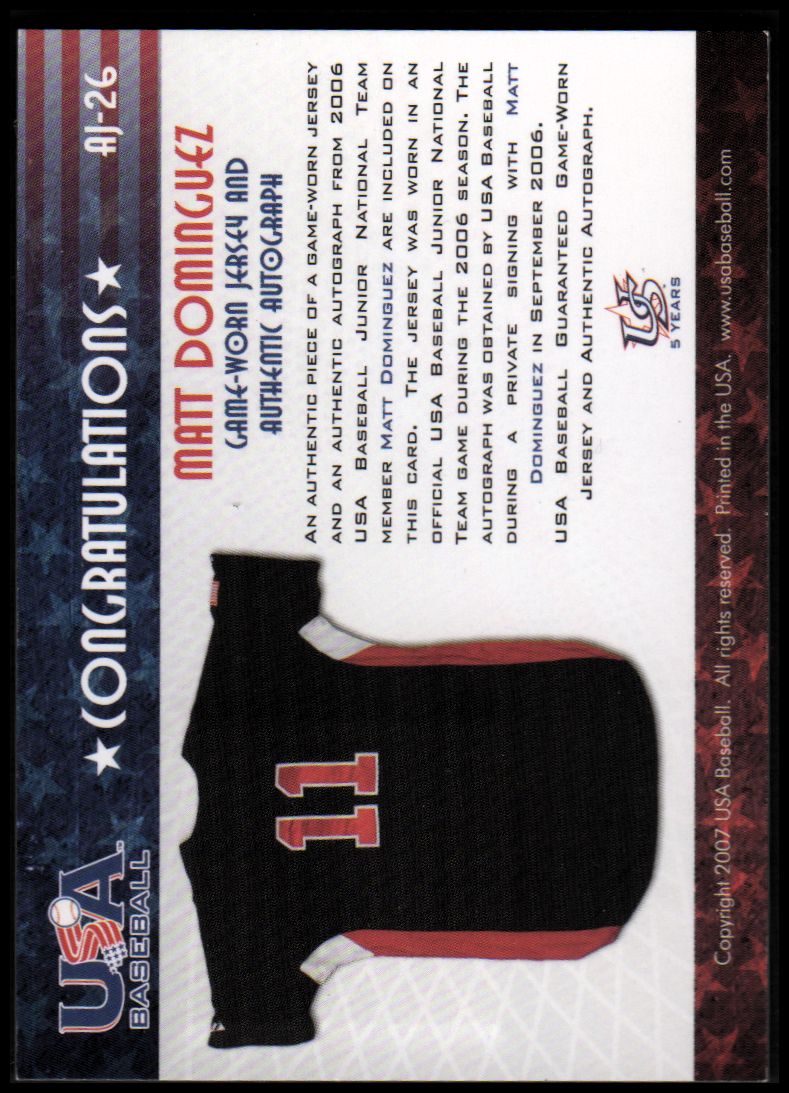 2006-07 USA Baseball Signatures Jersey Blue #26 Matt Dominguez back image