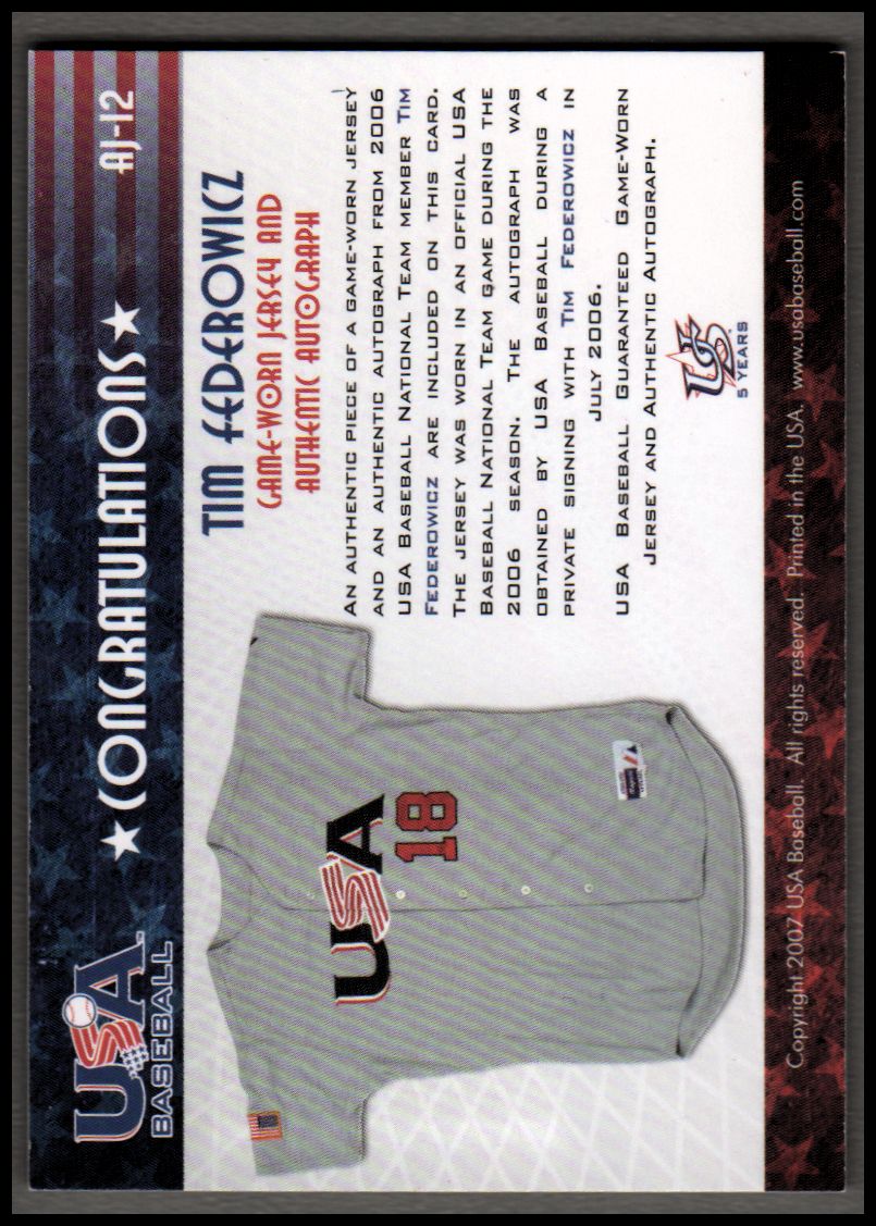 2006-07 USA Baseball Signatures Jersey Red #12 Tim Federowicz back image