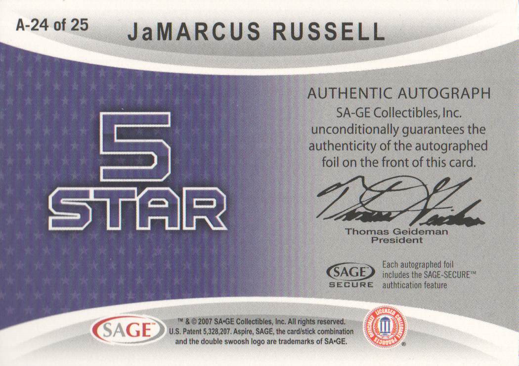 2007 Aspire 5 Star Autographs #FS24 JaMarcus Russell back image