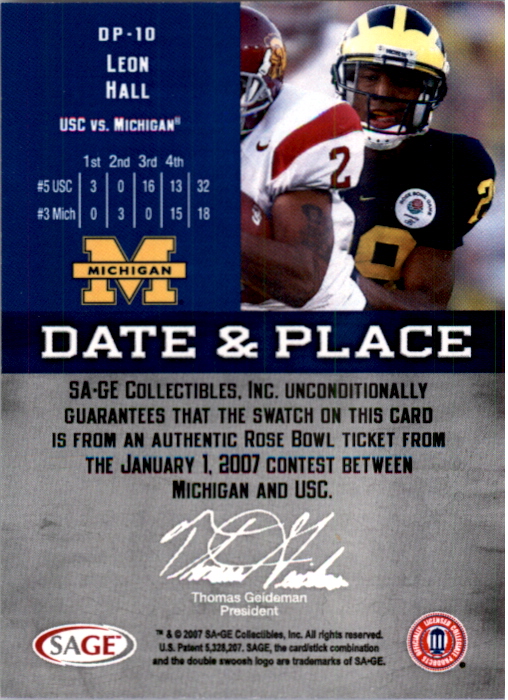 2007 Aspire Date and Place Ticket Swatches #DP10 Leon Hall back image