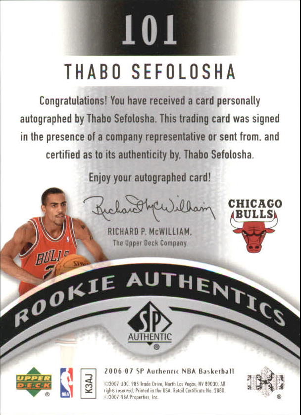 2006-07 SP Authentic #101 Thabo Sefolosha AU RC back image