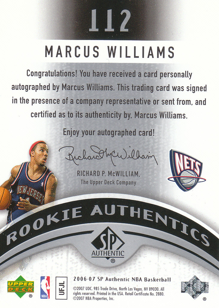2006-07 SP Authentic #112 Marcus Williams AU RC back image