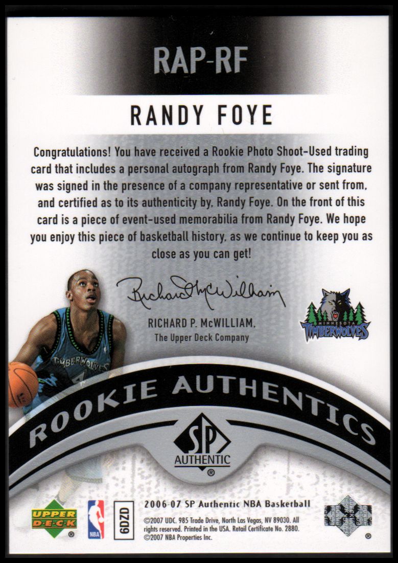 2006-07 SP Authentic Rookie Autographed Patches #RF Randy Foye back image