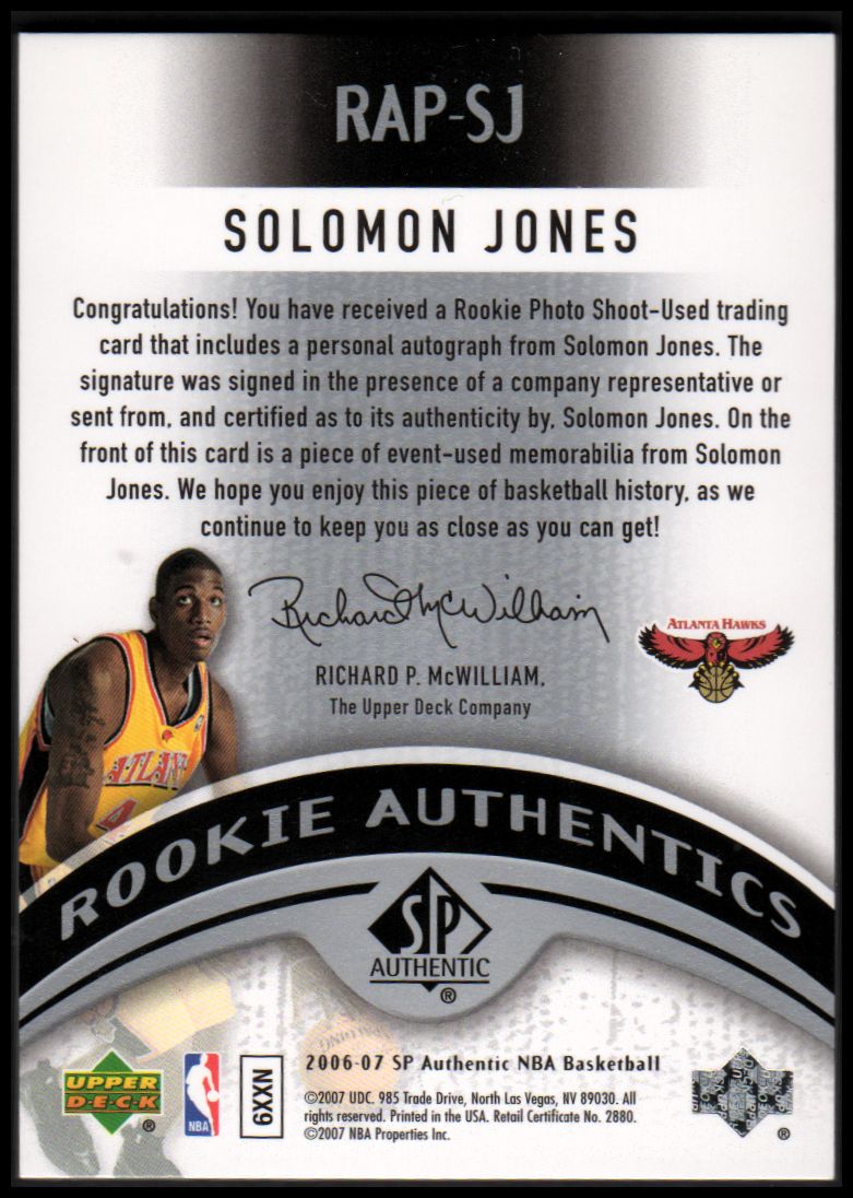 2006-07 SP Authentic Rookie Autographed Patches #SJ Solomon Jones back image