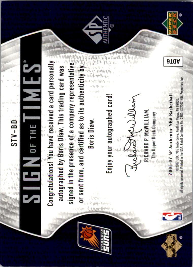 2006-07 SP Authentic Sign of the Times Veterans #BD Boris Diaw back image