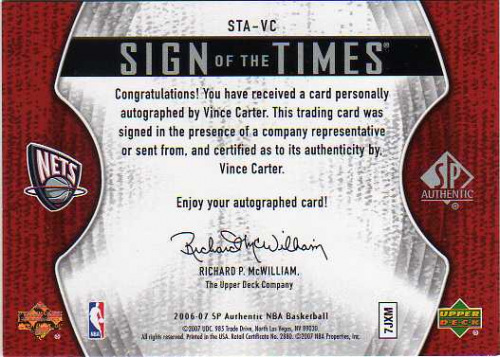 2006-07 SP Authentic Sign of the Times All-Stars #VC Vince Carter back image