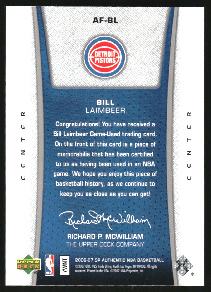 2006-07 SP Authentic Fabrics #BL Bill Laimbeer back image