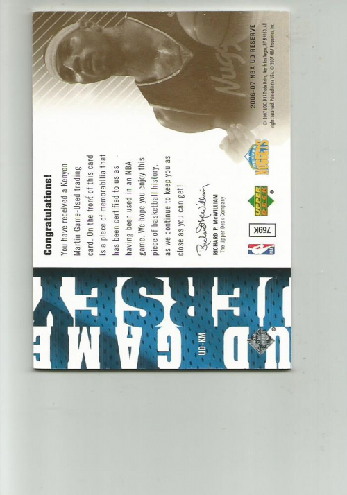 2006-07 UD Reserve Game Jerseys #KM Kenyon Martin back image