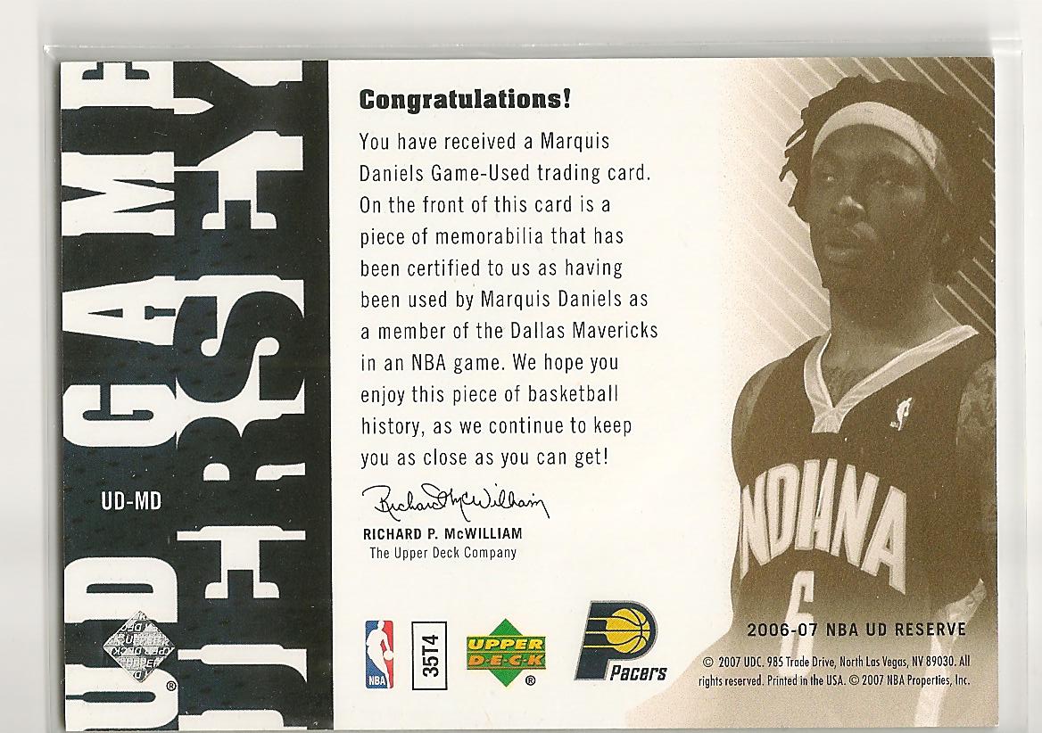 2006-07 UD Reserve Game Jerseys #MD Marquis Daniels back image