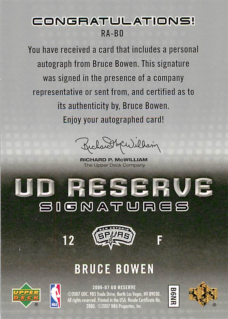 2006-07 UD Reserve Signatures #BO Bruce Bowen back image