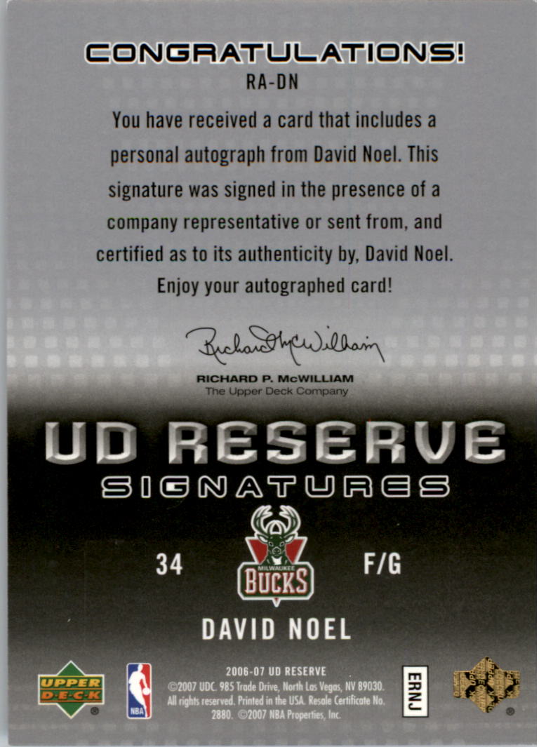 2006-07 UD Reserve Signatures #DN David Noel back image