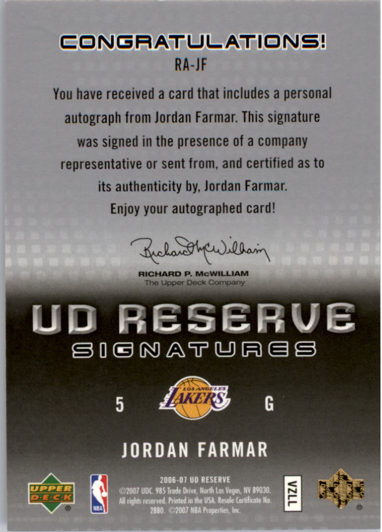2006-07 UD Reserve Signatures #JF Jordan Farmar back image