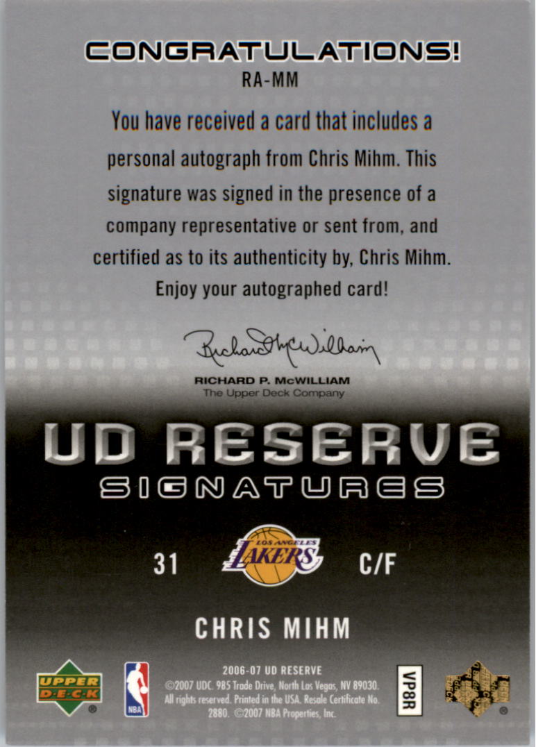 2006-07 UD Reserve Signatures #MM Chris Mihm back image