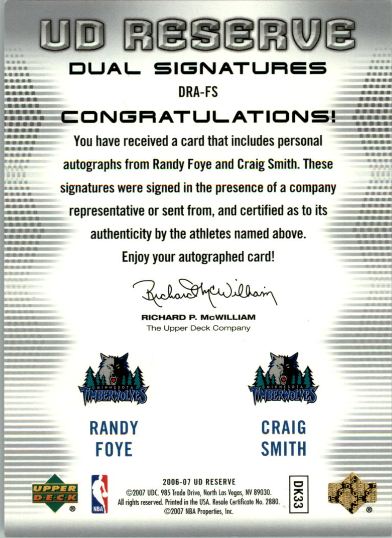 2006-07 UD Reserve Signatures Dual #FS Randy Foye/Craig Smith back image