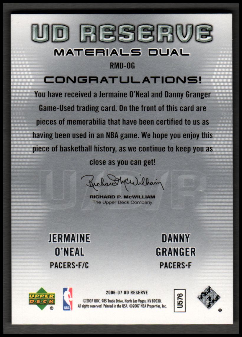 2006-07 UD Reserve Materials Dual #OG Jermaine O'Neal/Danny Granger back image