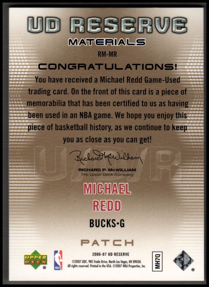 2006-07 UD Reserve Materials Patches #MR Michael Redd back image