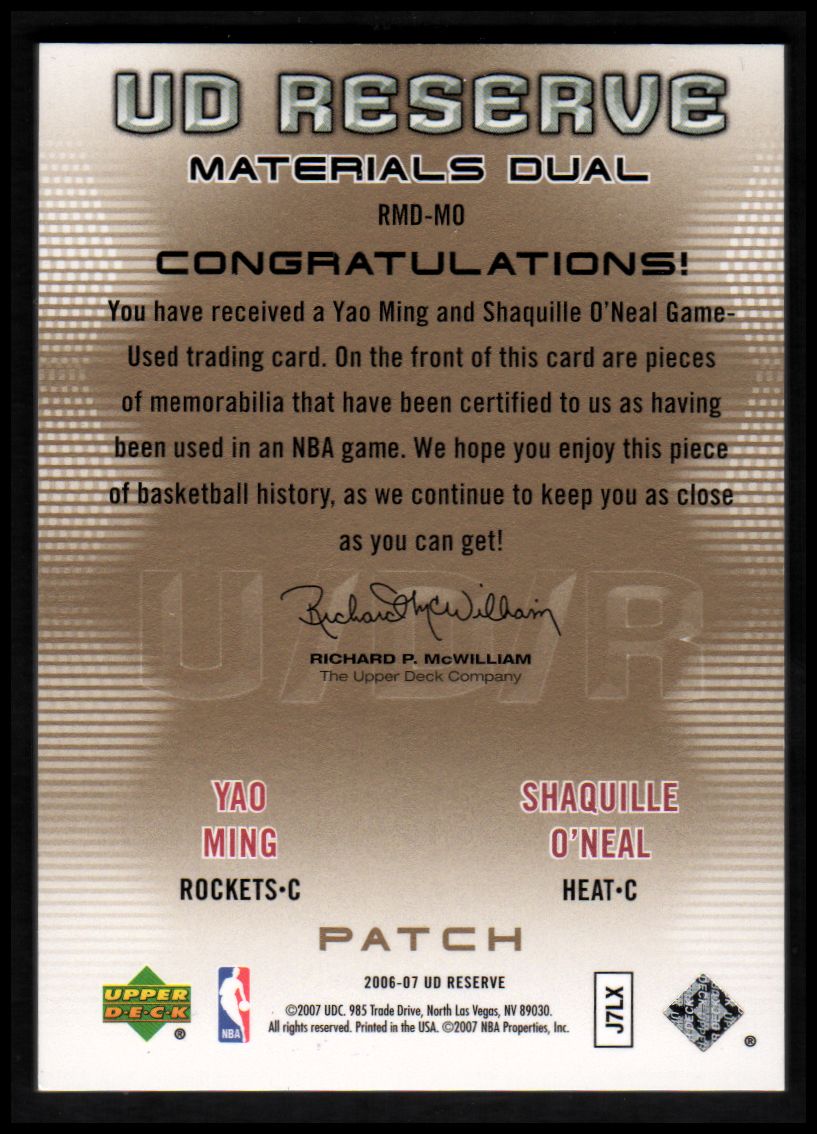 2006-07 UD Reserve Materials Dual Patches #MO Yao Ming/Shaquille O'Neal back image