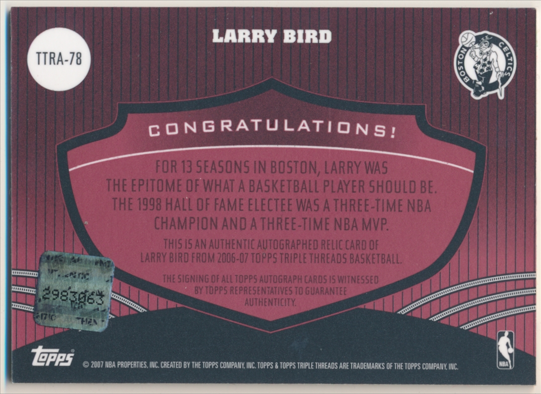2006-07 Topps Triple Threads Relics Autographs #78 Larry Bird #33 back image