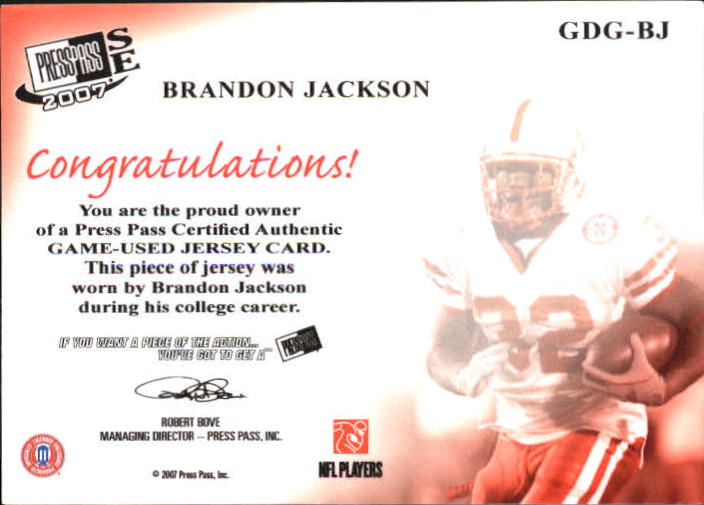 2007 Press Pass SE Game Day Gear Jerseys Gold #BJ Brandon Jackson back image