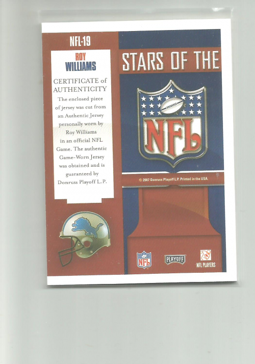 2007 Playoff Prestige Stars of the NFL Materials #19 Roy Williams WR back image