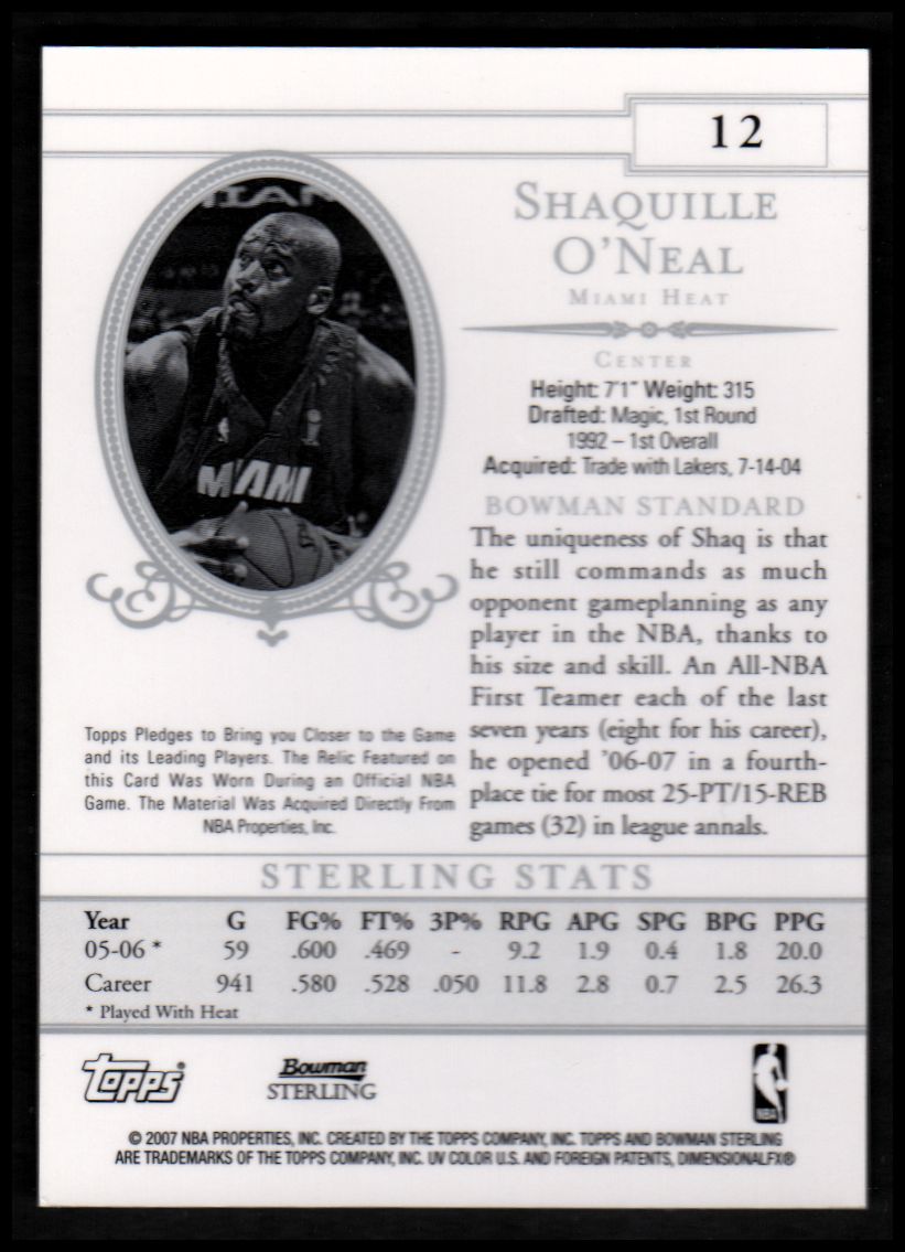 2006-07 Bowman Sterling #12 Shaquille O'Neal JSY back image
